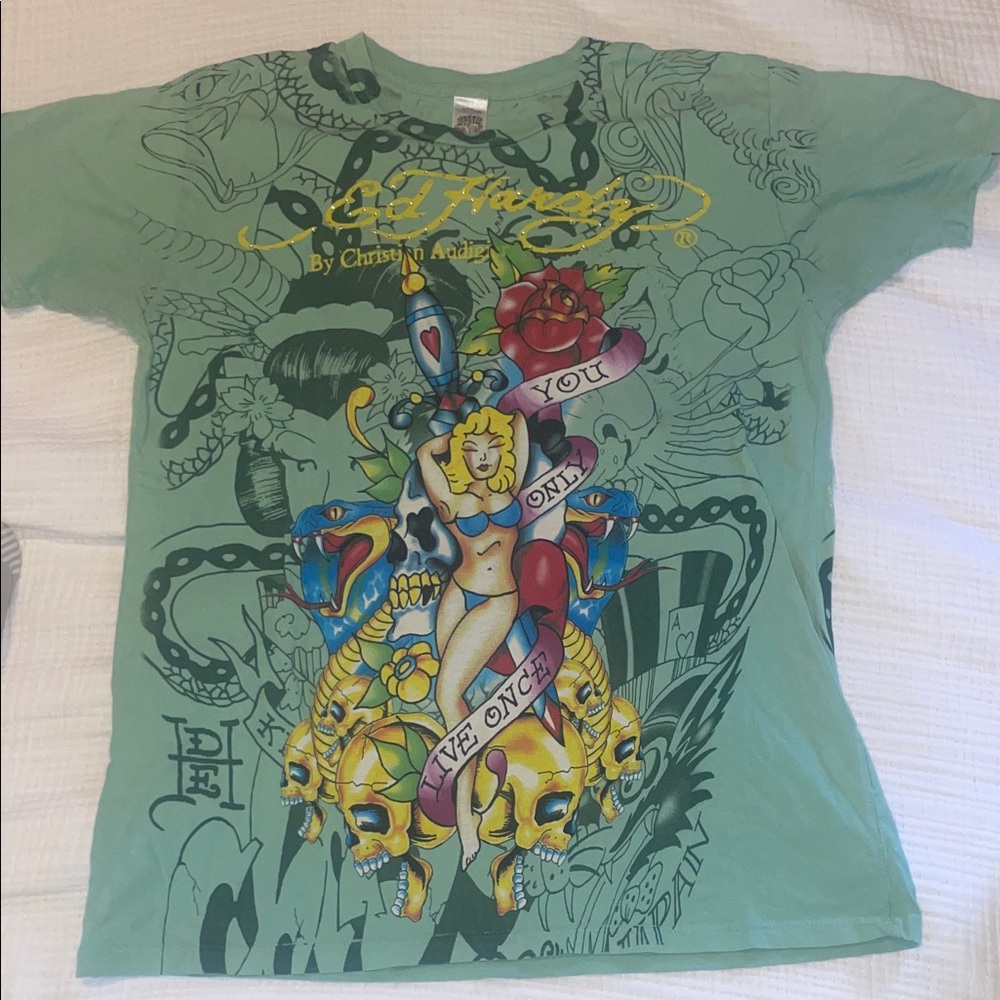 Ed Hardy Men’s sz M Tee - Light Green with Bold Graphic